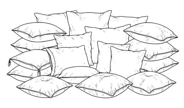 A minimalist line art illustration of a pile of cushions and pillows