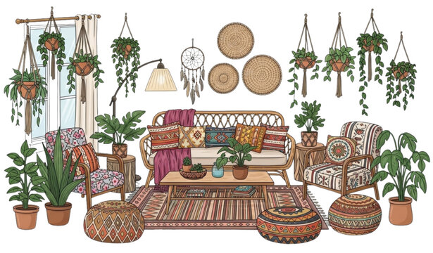 Vector Set of Bohemian Living Room Interior with Plants, Woven Furniture, and Dreamcatchers for Home Decor and Lifestyle Designs