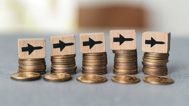 Five stacks of coins topped with wooden blocks showing airplane silhouettes, scattered coins in front, evoking hopeful travel savings and budgeting
