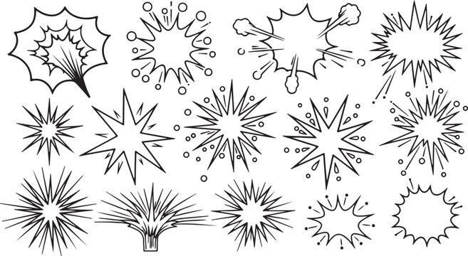 Set of Hand Drawn Comic Book Explosion Bubbles and Starburst Doodles