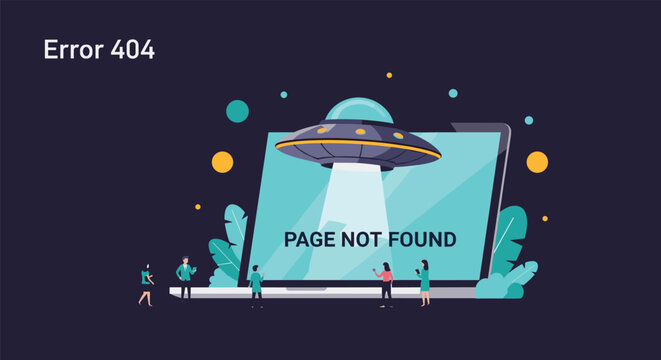 Website error 404 page not found message displayed on a laptop screen with a funny illustration of a UFO kidnapping data.