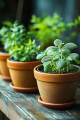 Fototapeta premium three terracotta pots with small herb plants on a weathered wooden bench bathed in soft natural light, peaceful and tranquil