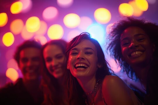 diverse group of young friends laughing under colorful party lights joyful nightlife celebration