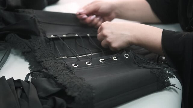 Garment making. Adjustable clothing. Female tailor hands lacing black textile corset with zipper. Stylish industry professional work.
