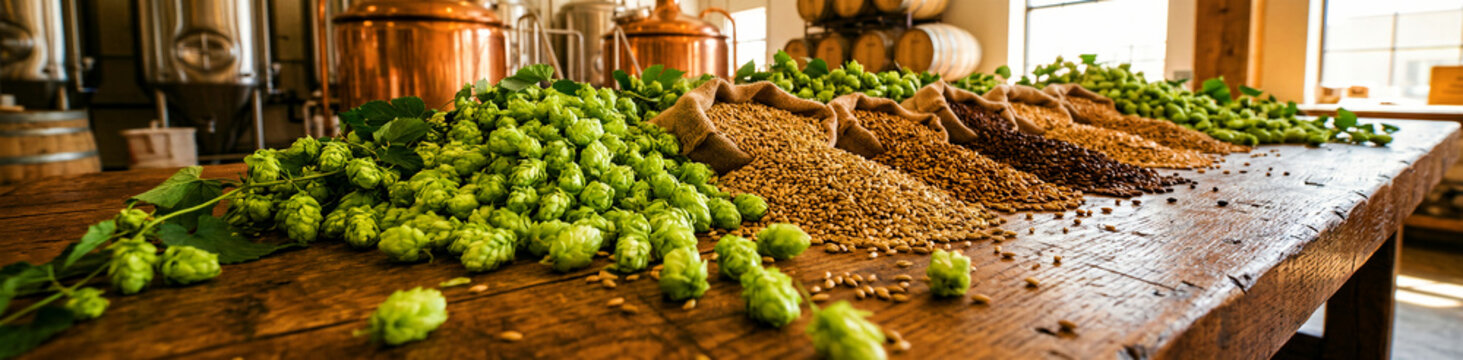 Freshly harvested green hops and an appealing assortment of diverse malted grains, elegantly spilling from rustic burlap sacks onto a beautifully textured wooden table, collectively showcasing