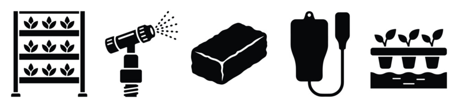 Essential hydroponic and vertical farming icons representing plant cultivation systems, watering tools, and grow media for agricultural innovation, sustainable gardening, and modern farm