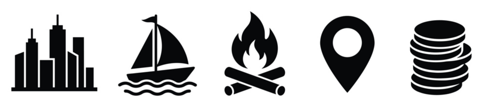 Versatile black silhouette icons featuring an urban skyline sailboat campfire location pin and stacked coins, perfect for various graphic design projects and digital interfaces.