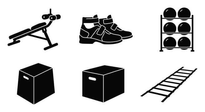 Comprehensive collection of essential gym and fitness equipment silhouettes perfect for sports training illustrations workout program guides and athletic club branding