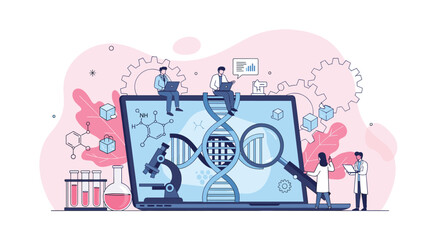 Naklejka premium Modern scientific research concept showing medical experts working with DNA sequences and lab equipment on a laptop screen.