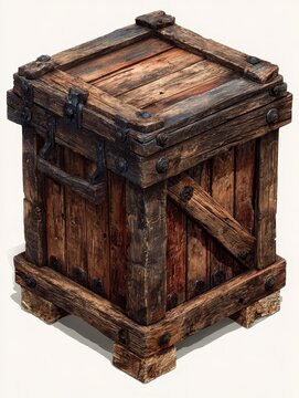 Wooden storage container for mobile game top view showing detailed textures, natural wood tones, and realistic design for 3D game assets and virtual environments.