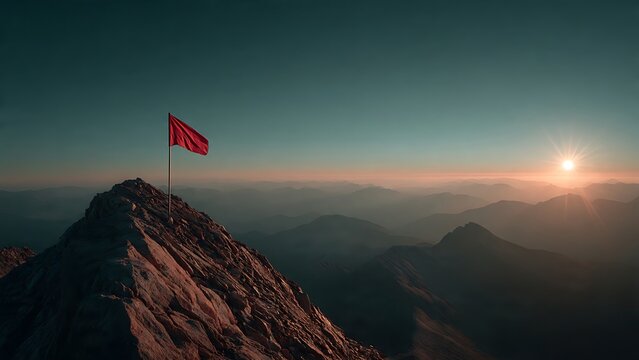 Red flag on mountain peak at sunset represents business success and reaching a goal through perseverance and determination in a vast landscape of clouds today
