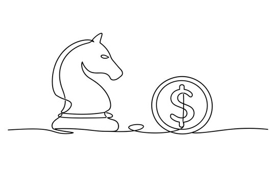 Continuous Line Art Illustration of a Chess Knight Piece and a Dollar Coin Symbolizing Strategic Investment, Business Planning, Financial Success, and Smart Money Management Tactics in One Line.