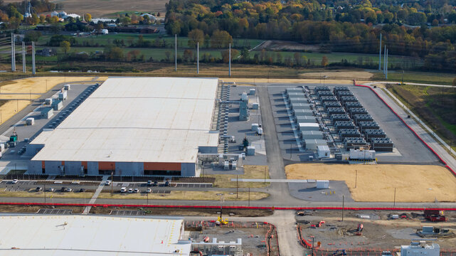 Aerial view large scale AI data center infrastructure