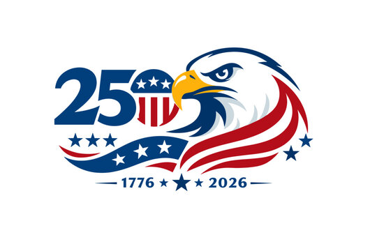 USA 250th Anniversary Logo Vector Illustration Celebrating 250 Years of United States Independence with Bald Eagle, American Flag Stars and Stripes, and Dates 1776 to 2026 Patriotic Design.