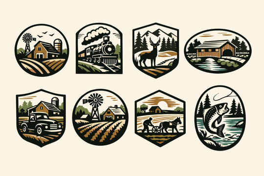 Vintage Linocut Rural Americana Badge Collection Featuring Farm Barn, Windmill, Steam Locomotive, Wild Deer, Covered Bridge, Classic Truck, Farmer Plowing with Horse, and Jumping Fish Graphics.
