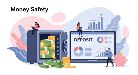 Fototapeta premium Secure money savings and banking deposit concept with people sitting on a large safe next to a laptop with financial charts.