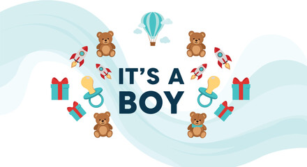 Naklejka premium Cute baby shower announcement for a boy featuring it is a boy text surrounded by teddy bears rockets and baby gifts.