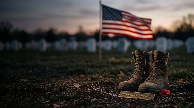 Military Boots and American Flag at Cemetery for Memorial Day Tribute