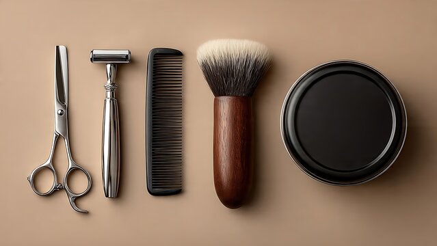 Barber grooming tools set featuring professional steel scissors a vintage safety razor a classic black comb and a wooden shaving brush for men modern hygiene style care