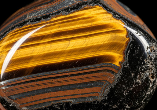 Close up of a highly polished tiger eye gemstone showing the beautiful golden brown chatoyant bands and layered mineral inclusions in a dark macro photography composition.