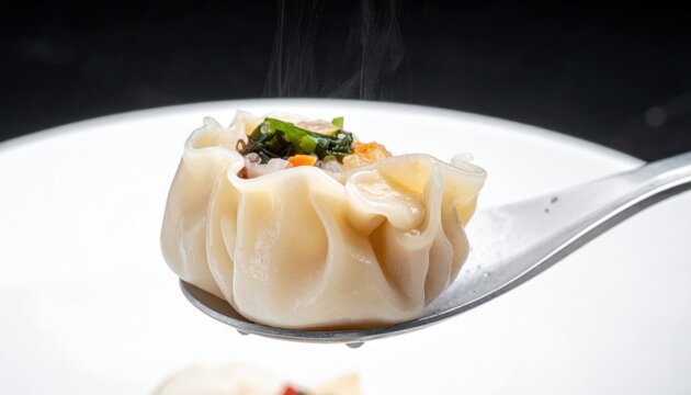 Steamed Seafood Dumpling Deliciousness: A Close-Up View of Intricate Pleating and Savory Filling on a Spoon
