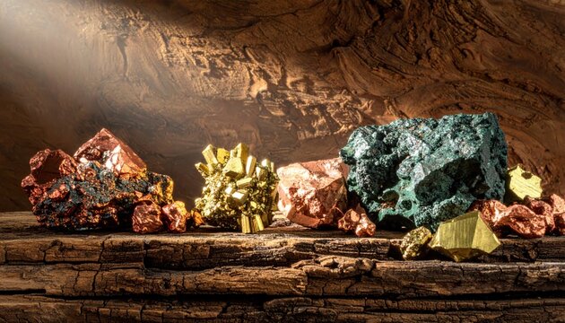 A captivating display of raw copper ore and shimmering iron pyrite mineral samples, showcasing nature's geological artistry in a dimly lit cave environment.