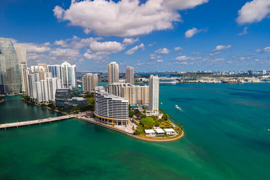 Miami Brickell Key skyline aerial view over Biscayne Bay