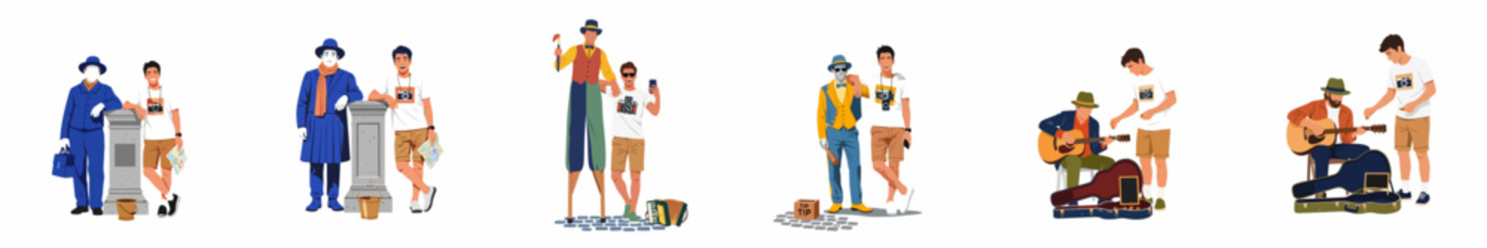 Flat vector illustrations of a tourist interacting with various street performers, including musicians, mimes, stilt walkers, and living statues on a white background.