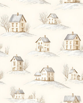 Vertical Vintage sepia engraving seamless pattern of rustic country farmhouses on snowy hills with bare winter trees, a quiet pastoral scene for cozy home decor and textiles.