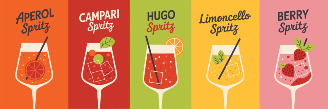 Aperitivo Spritz Cocktail Banner Set Flat Vector with Aperol Campari Hugo Limoncello and Berry Drinks Bar Menu Design