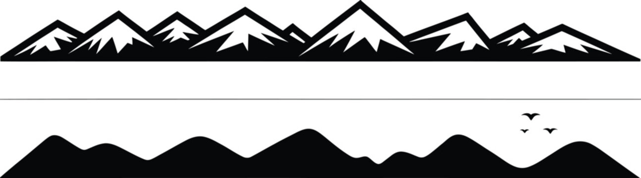 Black and white mountain range silhouette with birds