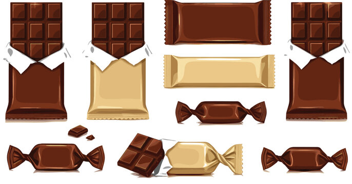 Chocolate bars and candy wrappers collection with packaging variations isolated on transparent background sweet confectionery vector illustration set
