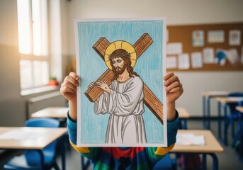 Fototapeta premium Person holding a painting of jesus carrying the cross in a classroom
