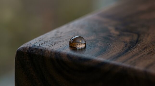 Macro shot of clear water droplet with reflection on dark wood