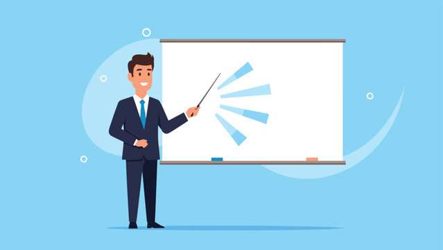 Professional businessman in blue suit standing next to whiteboard while using pointer stick to explain data during presentation.