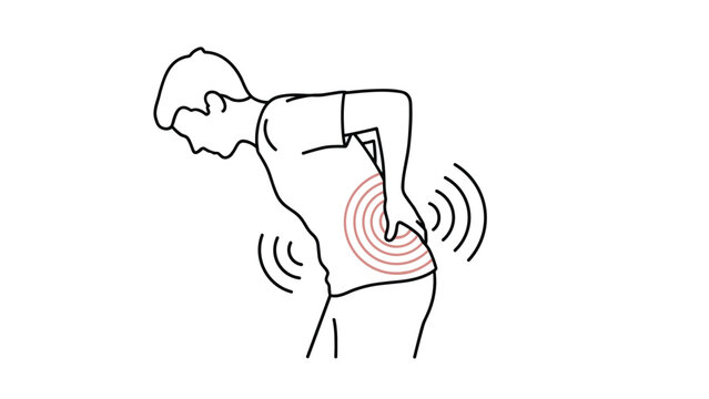 Man in white shirt bending forward while holding his lower back in pain with red concentric circles indicating localized injury.
