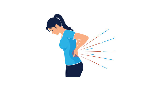 Woman in blue shirt bending over while holding her lower back in agony with radiating lines indicating severe muscle strain.