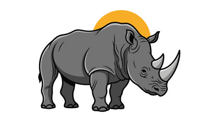 Fototapeta premium Strong and massive rhinoceros standing with large horns against a yellow sun background in a stylized color drawing.