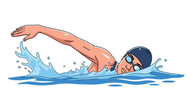 Professional swimmer performing the crawl stroke in water with splashes and wearing a swim cap and goggles in the pool.