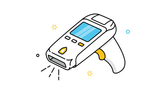 Handheld electronic barcode scanner with blue screen and yellow buttons shown in a modern flat vector illustration.