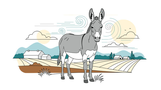 Gray donkey standing in a rural farm field with clouds mountains and abstract swirls under a bright sun.