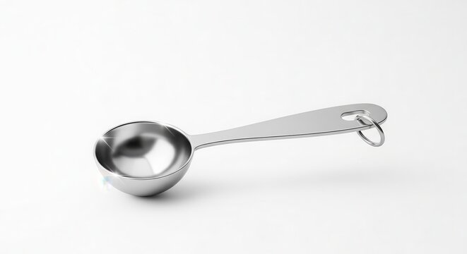 Shiny metallic kitchen measuring spoon for precise ingredient portioning on a clean white background