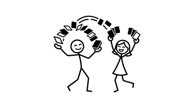 Joyful Stick Figures Tossing Cards