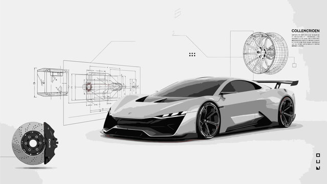 Detailed technical drawing of a sleek sports car with diagrams of its wheel and brake on a clean white background.
