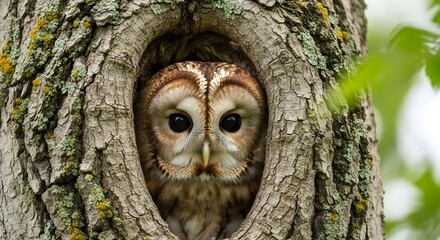 Obraz premium An owl peeks out from a tree cavity in the forest surrounded by leaves.