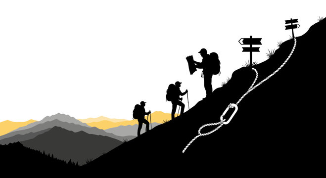 Silhouettes of hikers navigating mountain path with gear and directional signs