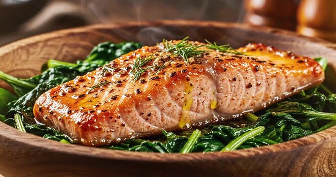 Deliciously grilled salmon fillet served on a bed of fresh spinach with aromatic herbs