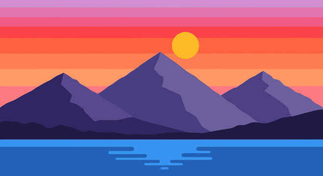 Stylized sunset landscape with mountains lake and vibrant colors vector illustration