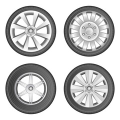 Obraz premium Collection of Four Car Wheels with Distinct Rim Designs Isolated on White