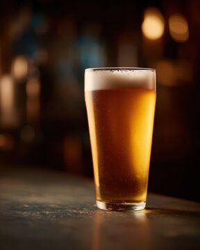 Golden lager beer in glass with frothy head on bar counter, warm ambient lighting, refreshing pub atmosphere